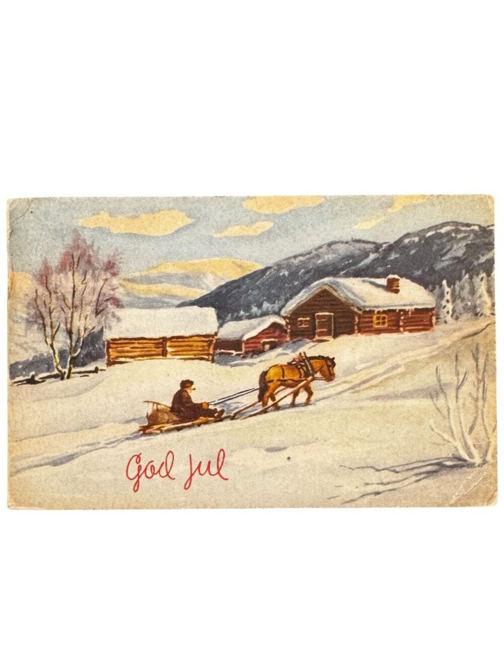 Vtg Norwegian Christmas Postcard 1940s Horse Sleigh Winter Scene "God Jul" Mitet